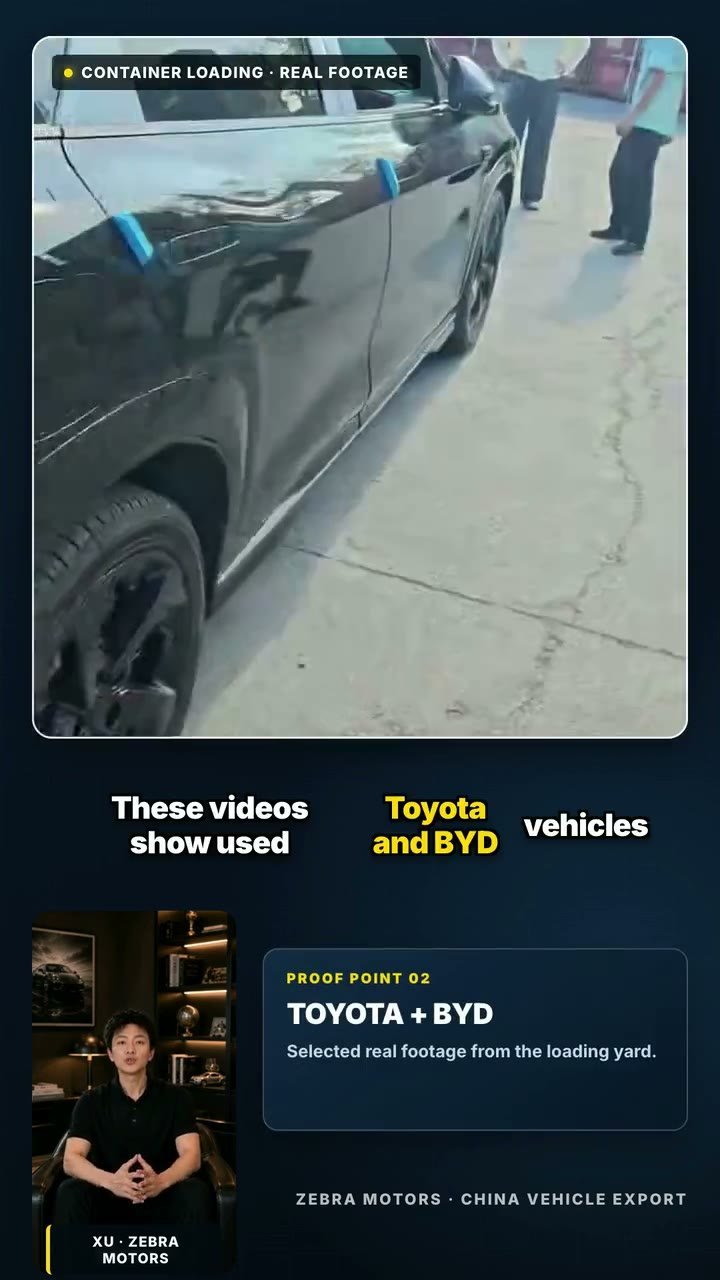 A used Toyota vehicle approaching a shipping container